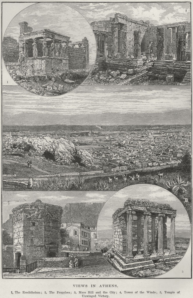 ATHENS. Erechthcium Propylaea Mars Hill Temple of Unwinged Victory 1882 print